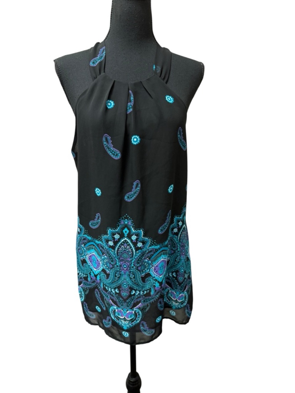 Apt 9 Paisley Halter Blouse Black Blue Sleeveless Top Women Large Boho Chic